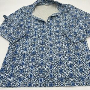 Talbots Womens Large L Blue Print Collared 3/4 Sleeve Blouse Top